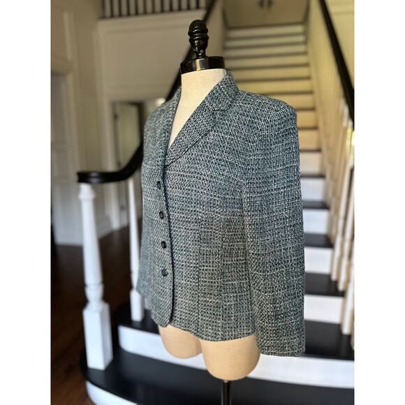 Y2K Blue Wool Tweed Blazer Professional Career Office Church Fall Winter Modest - Picture 6 of 11